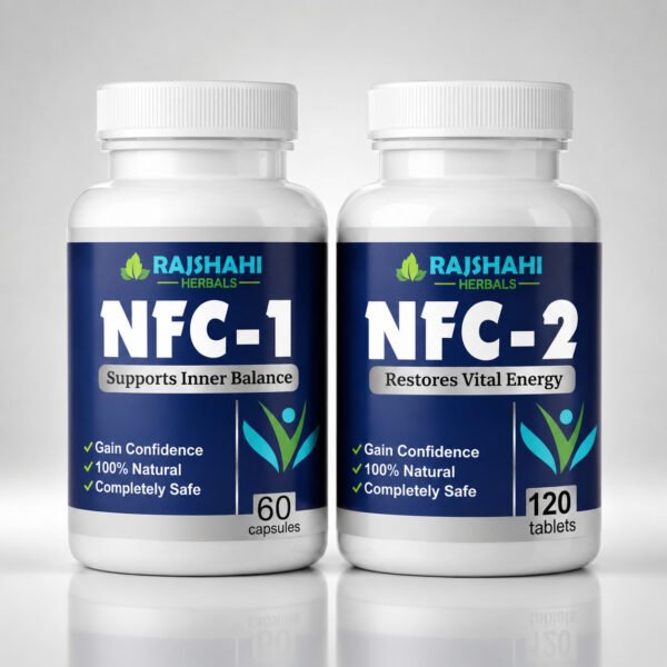 Rajshahi Herbals NFC-1 and NFC-2 herbal supplement bottles for inner balance, energy support, and overall wellness.