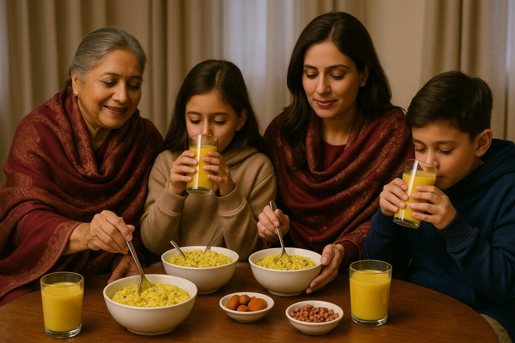A happy family enjoying a warm, nourishing Ayurvedic meal of khichdi, illustrating the benefits of a healthy winter diet in Ayurveda for all ages.