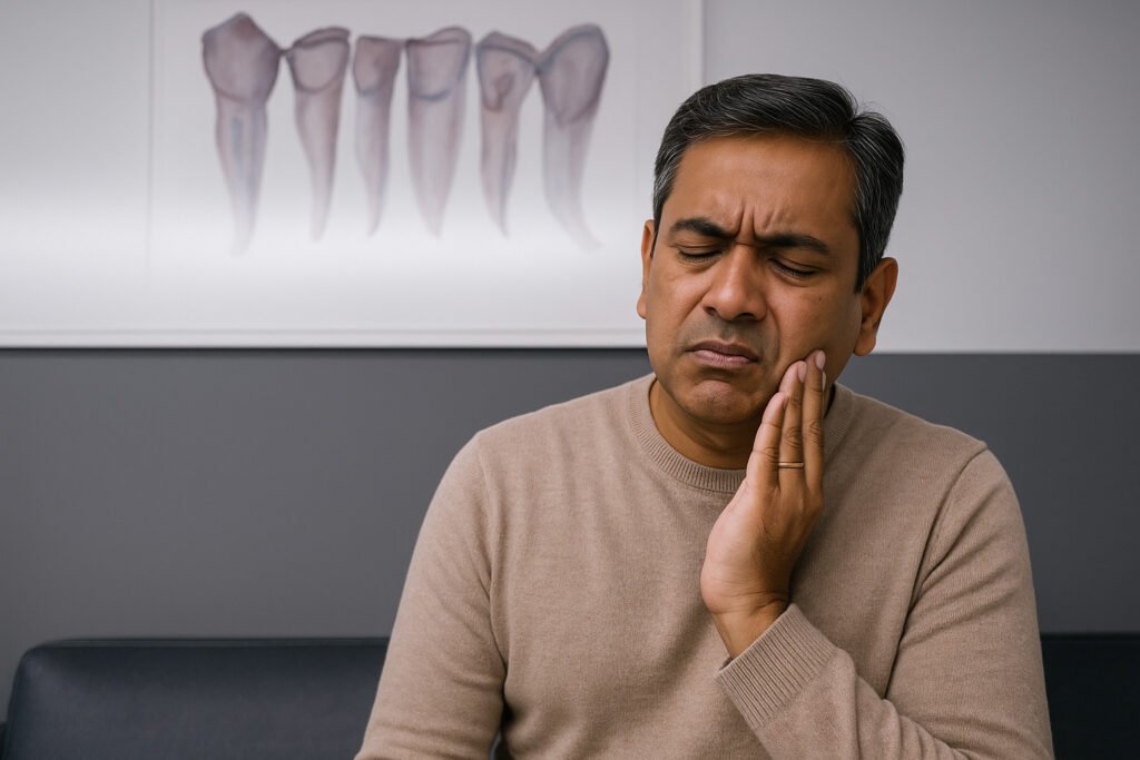 Middle-aged man holding his cheek with a painful expression, indicating toothache or dental discomfort, with a dental anatomy poster in the background.