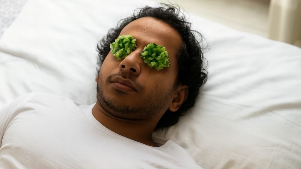 Grated cucumber eye packs on cotton pads, a natural remedy for eye strain.
