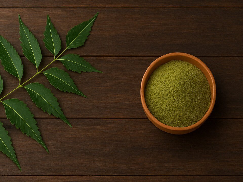 Fresh green neem leaves placed next to a wooden bowl of powdered neem on a wooden surface, for herbal tooth paste or powder.