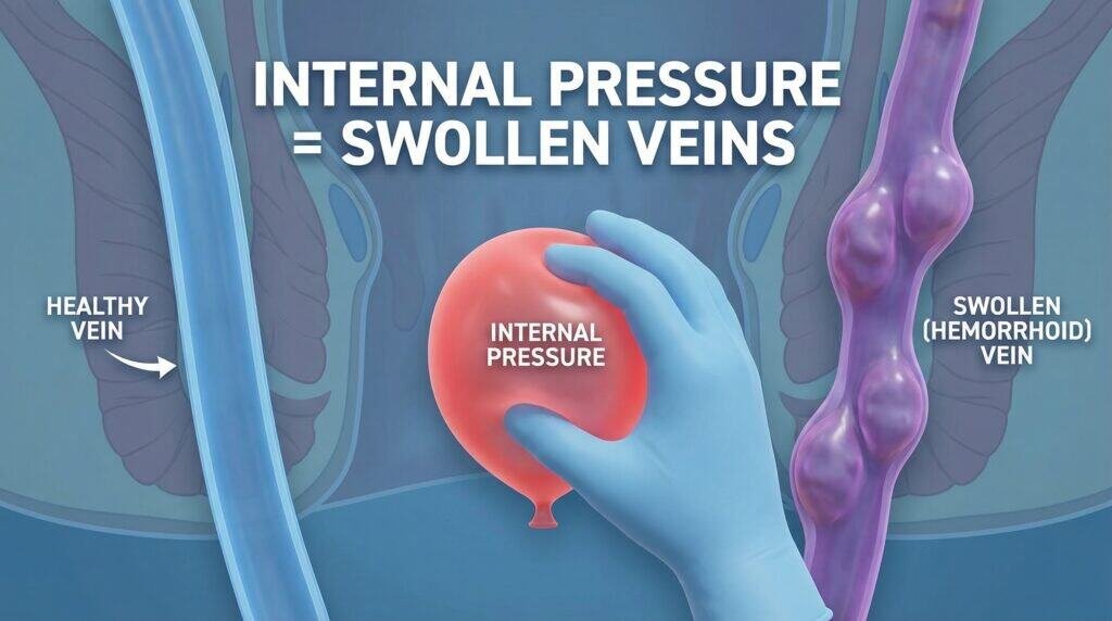 3D medical illustration of a swollen hemorrhoid vein using a balloon analogy to explain can piles be cured without surgery through pressure reduction.