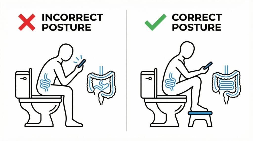 Comparison of healthy squatting posture versus poor toilet habits to demonstrate how can piles be cured without surgery through lifestyle changes.