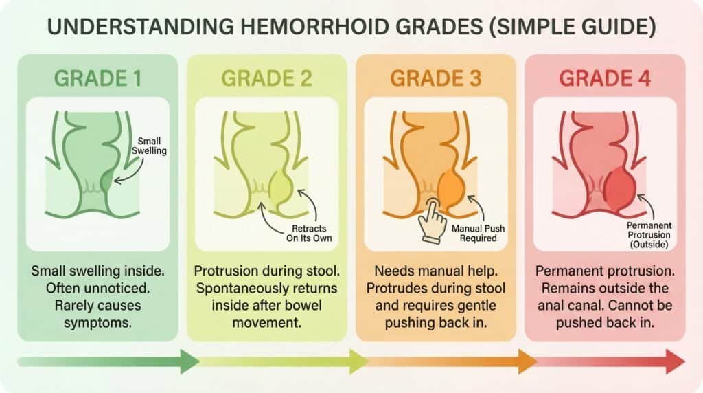 Infographic showing Grade 1 to Grade 4 internal hemorrhoids and clarifying which stages can piles be cured without surgery naturally.